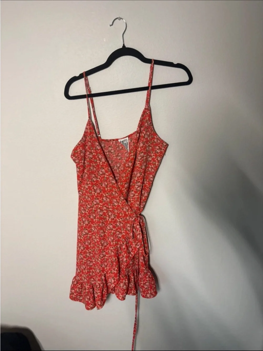 Free People Red Floral Wrap Mini Dress with Ruffle Hem